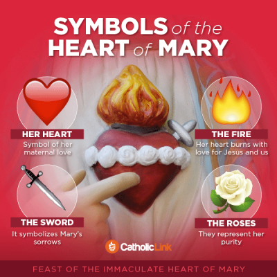 Heart of Mary Symbols This infographic from Catholic Link explains the symbols used for the Sorrowful and Immaculate Heart of the Blessed Virgin Mary.