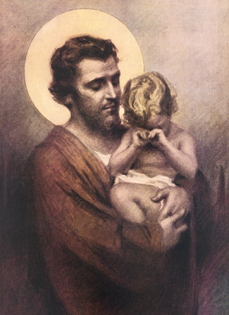 Joseph the Dad Saint Joseph, the foster father of Jesus, holds Christ as a child in this artwork by C.B. Chambers. Though it appears the Christ Child is crying, it is also possible that He is simply tired and rubbing his eyes.